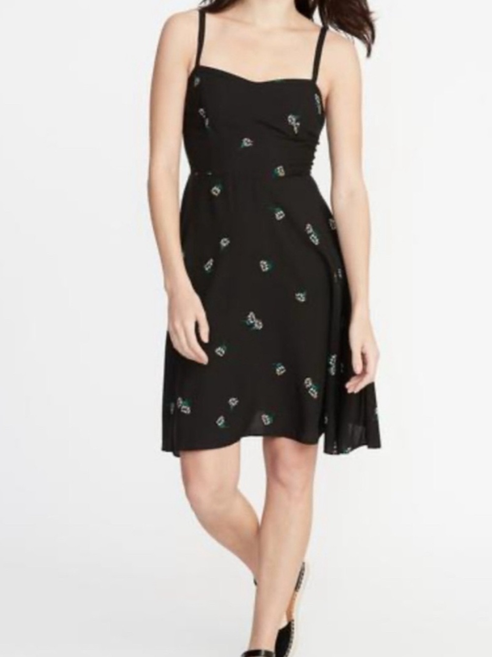 Old Navy Black Mini Dress with Greenl Floral Accents size L.